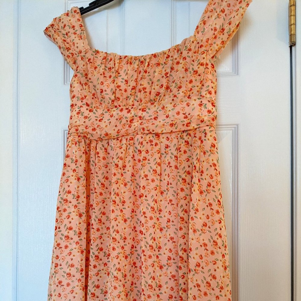 Peach Floral Above-the-Knee Dress with Cap Sleeves